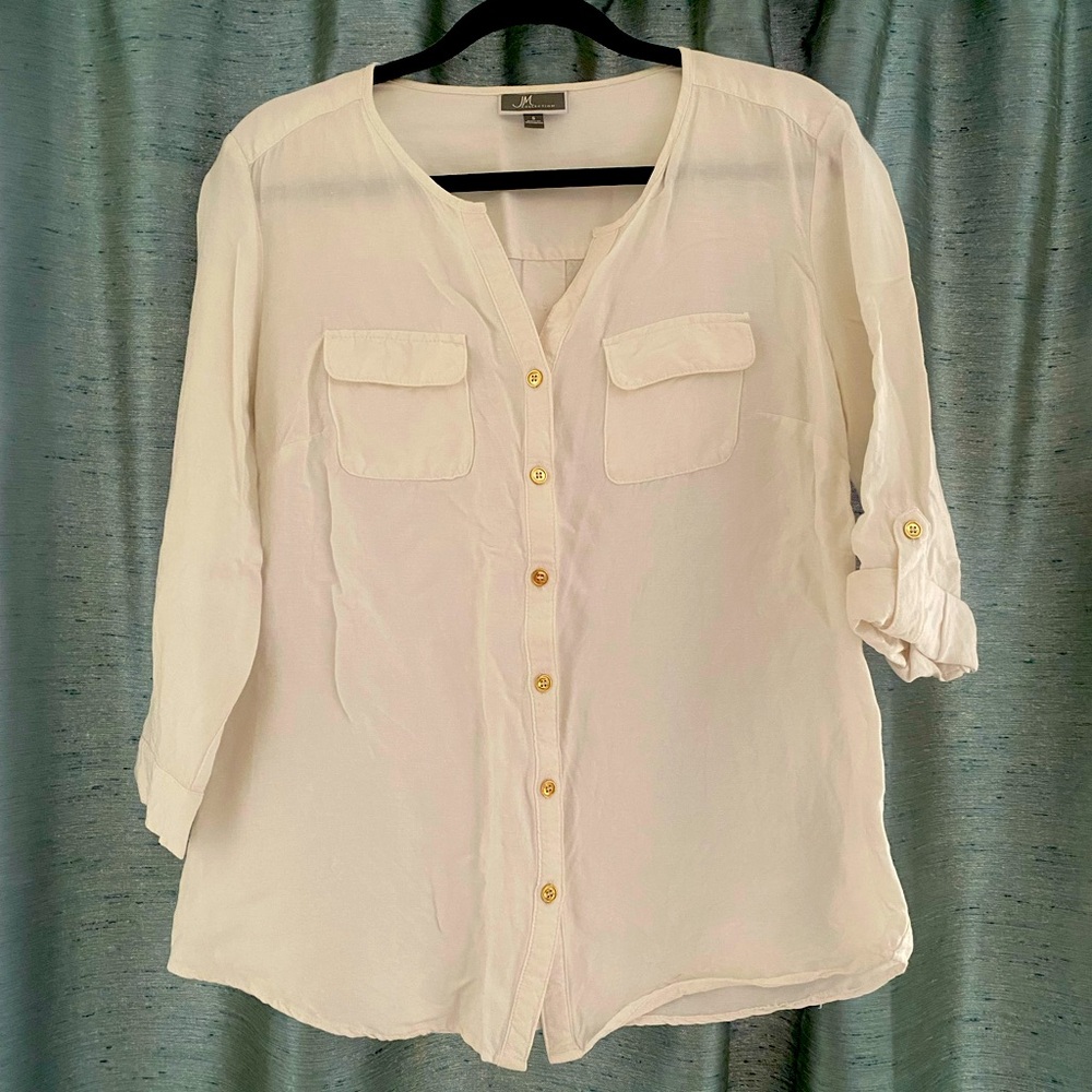 JM Collection Linen Viscose white button down long sleeve summer shirt EUC small